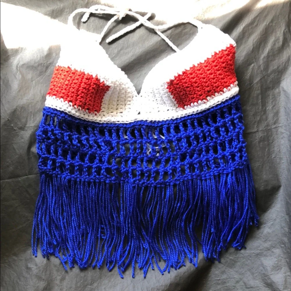 Red, White, and Blue Crochet Halter Top with Fringe - Picture 6 of 15